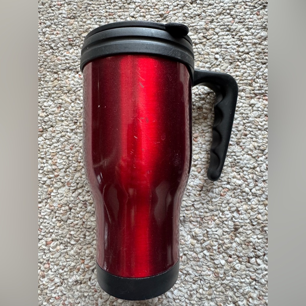 GUC Plastic Red Travel Mug with Black Handle To Go Coffee Tea Cup Car Kitchen